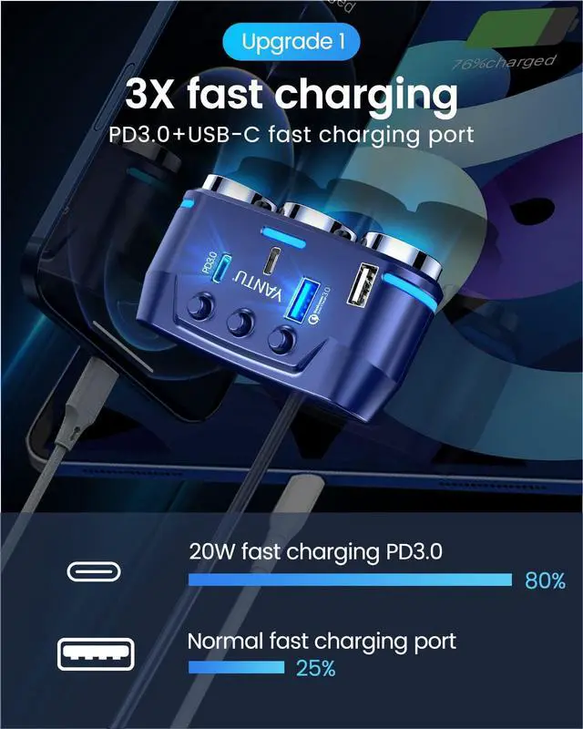 Alt view image 5 of 7 - QC3.0&PD 40W Cigarette Lighter Adapter, 3-Socket 140W Cigarette Lighter Splitter with 12v USB Outlet,Car Charger Adapter with Double/Dual/USB C Charger Multi Port/Plug Outlet for Car Devices