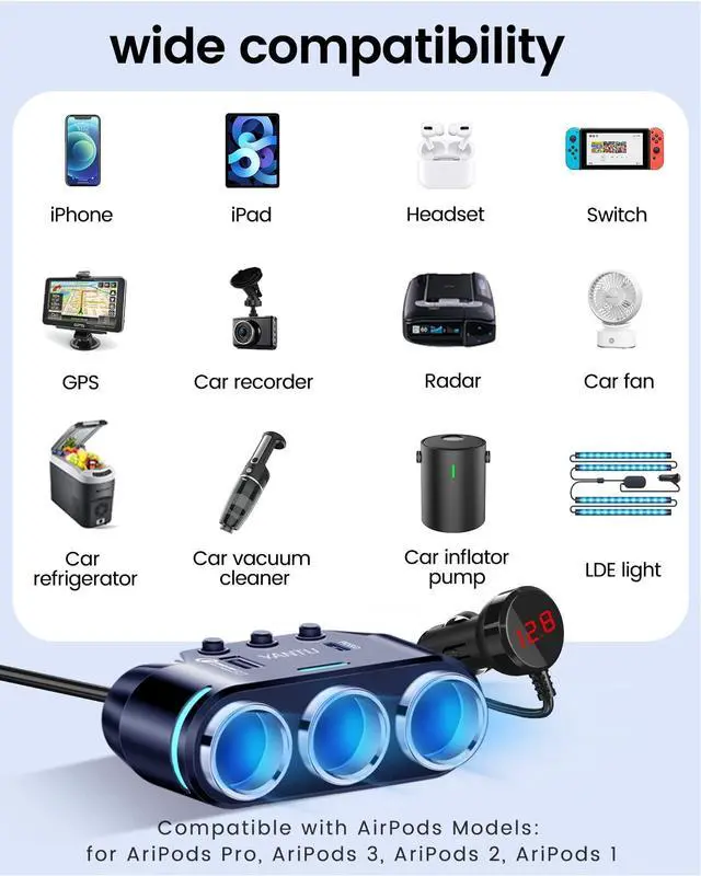 Alt view image 7 of 7 - QC3.0&PD 40W Cigarette Lighter Adapter, 3-Socket 140W Cigarette Lighter Splitter with 12v USB Outlet,Car Charger Adapter with Double/Dual/USB C Charger Multi Port/Plug Outlet for Car Devices