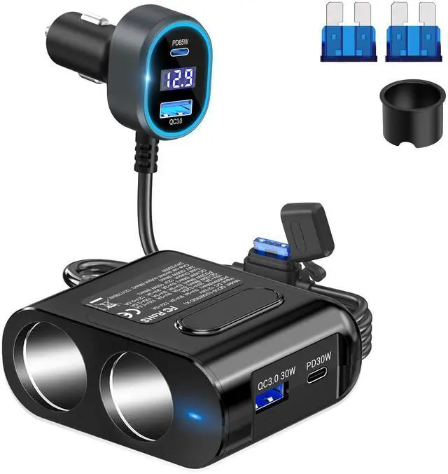 Main image of Cigarette Lighter Splitter 12V Plug 2-Socket with PD 65W Port, Car USB Charger Multi Port 300W 12V/24V Adapter with Voltage Display and 15A Fuse for All Car Devices, DC Outlet Car Accessories