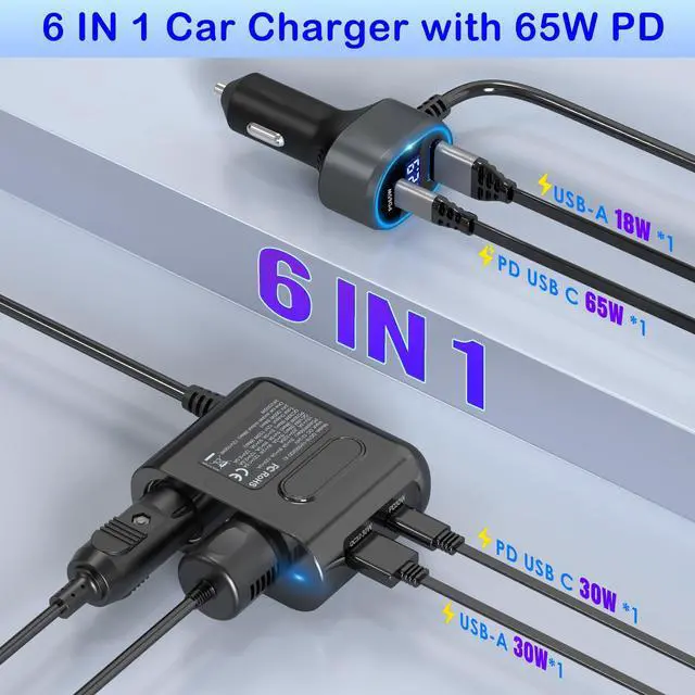 Alt view image 2 of 7 - Cigarette Lighter Splitter 12V Plug 2-Socket with PD 65W Port, Car USB Charger Multi Port 300W 12V/24V Adapter with Voltage Display and 15A Fuse for All Car Devices, DC Outlet Car Accessories