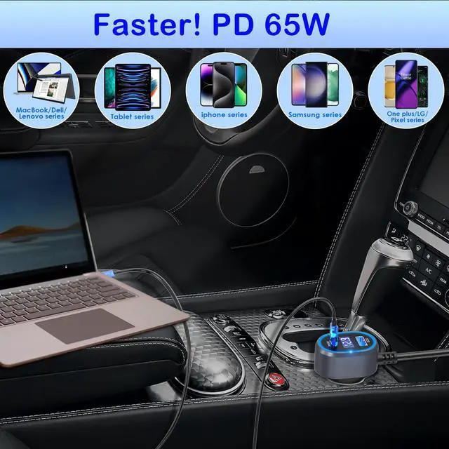 Alt view image 3 of 7 - Cigarette Lighter Splitter 12V Plug 2-Socket with PD 65W Port, Car USB Charger Multi Port 300W 12V/24V Adapter with Voltage Display and 15A Fuse for All Car Devices, DC Outlet Car Accessories