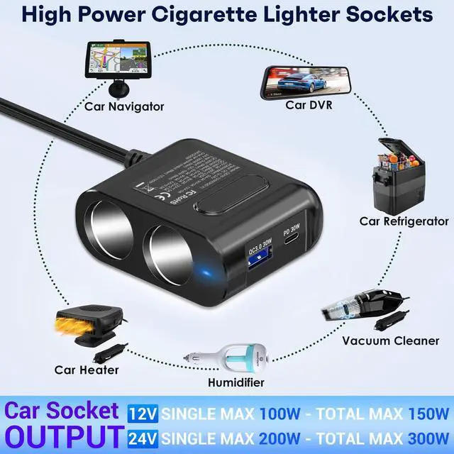 Alt view image 5 of 7 - Cigarette Lighter Splitter 12V Plug 2-Socket with PD 65W Port, Car USB Charger Multi Port 300W 12V/24V Adapter with Voltage Display and 15A Fuse for All Car Devices, DC Outlet Car Accessories