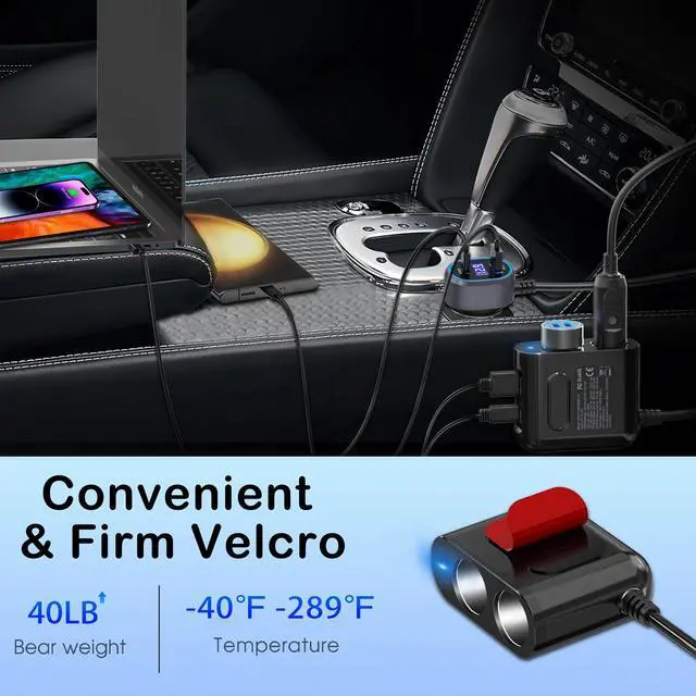 Alt view image 6 of 7 - Cigarette Lighter Splitter 12V Plug 2-Socket with PD 65W Port, Car USB Charger Multi Port 300W 12V/24V Adapter with Voltage Display and 15A Fuse for All Car Devices, DC Outlet Car Accessories