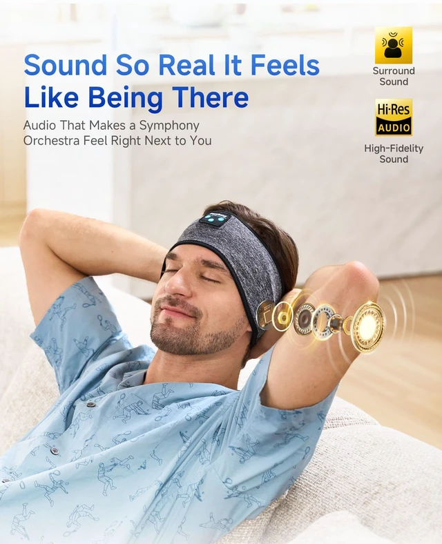 Alt view image 3 of 7 - Sleep Headband Headphones Bluetooth 5.4, Sleeping Headphones Wireless for Side Sleepers, Over-Ear Headphones with HD Stereo Speakers, Sports Headband Eye Mask for Sleeping Yoga Workout