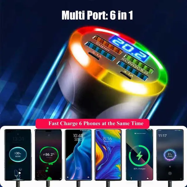 Alt view image 3 of 7 - Super Fast Charge USB C Car Phone Charger Adapter 6 in 1 with Voltage Display 250W Multi Port Cigarette Lighter USB Charger with Volt Meter for iPhone 16 15 Pro Max 14 Plus 13 Samsung Android Phone