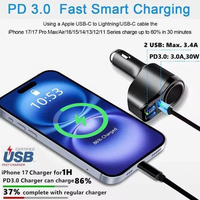 Alt view image 2 of 7 - 4 in 1 USB C Car Charger, 168W Multi USB Cigarette Lighter Adapter, Socket Splitter with 3 USB Ports, 12V/24V Dual USB Type C PD Fast Car Charger Adapter for iPhone 17/Air/16/15 Pro Max iPad GPS