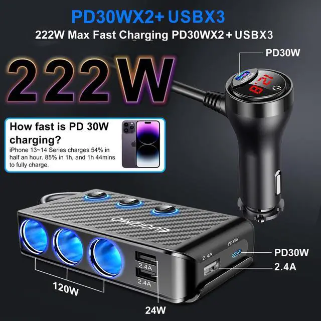 Alt view image 2 of 7 - Cigarette Lighter Plug Splitter Adapter, 222W Multi Port Power Plug Car Charger Adapter for Plug Outlet 12V 3 Socket Splitter Car Cigarette Lighter USB Charger with LED Independent Switches