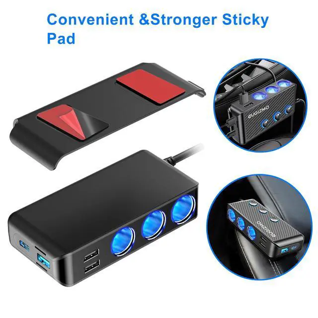 Alt view image 7 of 7 - Cigarette Lighter Plug Splitter Adapter, 222W Multi Port Power Plug Car Charger Adapter for Plug Outlet 12V 3 Socket Splitter Car Cigarette Lighter USB Charger with LED Independent Switches