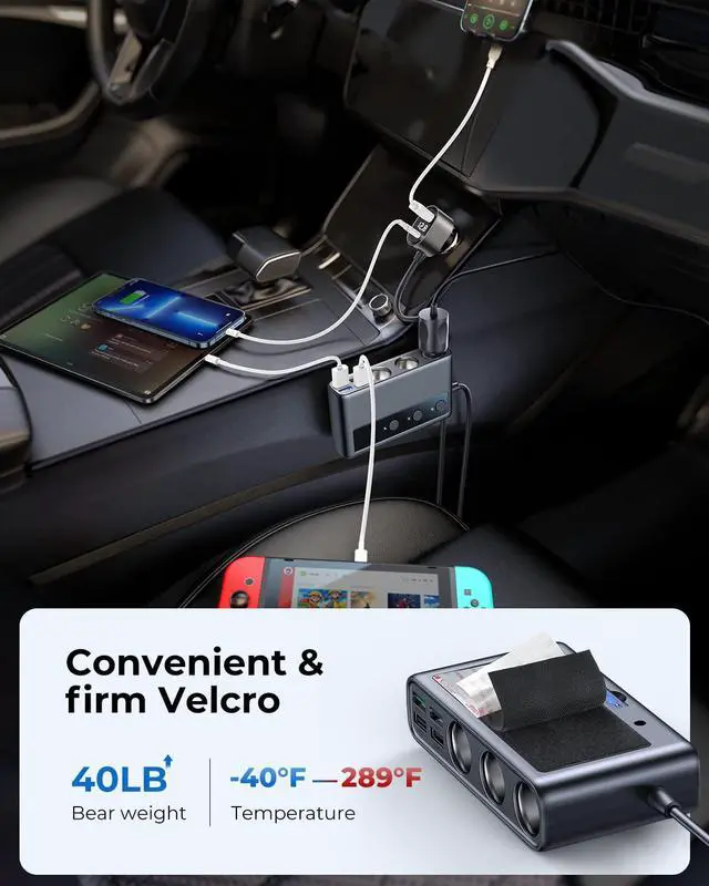 Alt view image 4 of 7 - 9 in 1 Cigarette Lighter Splitter, 210W Cigarette Lighter Adapter with PD/QC 3.0 * 2 Charge(3.3FT Cable), 12V/24V Independent Switches DC Cigarette Outlet Car Charger for All Car Devices