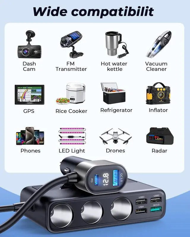 Alt view image 5 of 7 - 9 in 1 Cigarette Lighter Splitter, 210W Cigarette Lighter Adapter with PD/QC 3.0 * 2 Charge(3.3FT Cable), 12V/24V Independent Switches DC Cigarette Outlet Car Charger for All Car Devices