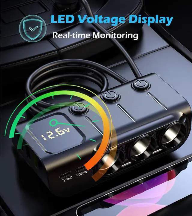 Alt view image 5 of 7 - Car Cigarette Lighter Splitter 8-in-1,120W 3-Socket Adapter & 5 USB with Master Power Switch,Prevents Battery Drain,PD36W USB-C Fast Charge,3.3FT Cord & LED Meter for Dashcam, RVs,Older Cars