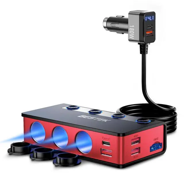 Main image of 9in1 Cigarette Lighter Splitter with180W 3-Socket PD36W/65W Car Adapter and QC3.0 18W Charging Ports,Independent Output Power, LED Display Super Fast Charger for Truck/SUV/Camping/iPhone 17