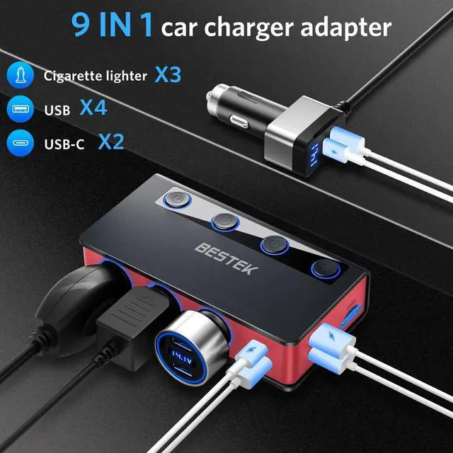 Alt view image 2 of 7 - 9in1 Cigarette Lighter Splitter with180W 3-Socket PD36W/65W Car Adapter and QC3.0 18W Charging Ports,Independent Output Power, LED Display Super Fast Charger for Truck/SUV/Camping/iPhone 17