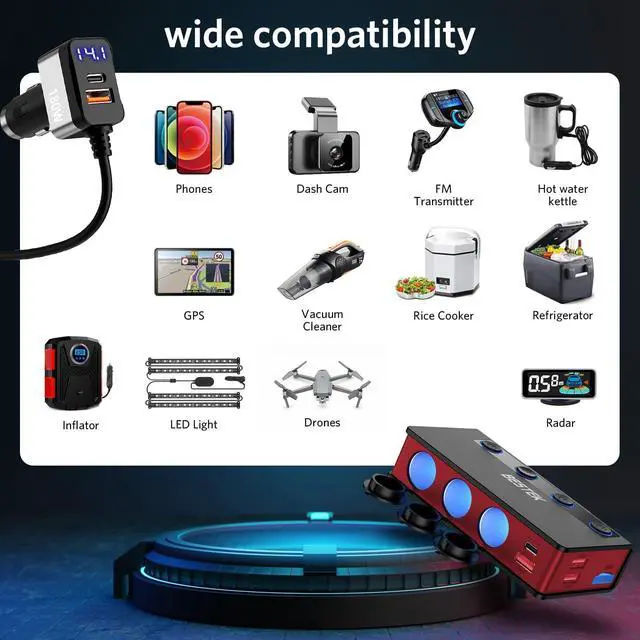 Alt view image 6 of 7 - 9in1 Cigarette Lighter Splitter with180W 3-Socket PD36W/65W Car Adapter and QC3.0 18W Charging Ports,Independent Output Power, LED Display Super Fast Charger for Truck/SUV/Camping/iPhone 17