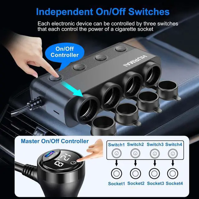 Alt view image 3 of 7 - Cigarette Lighter Splitter Adapter 216W 4 Socket Heavy Duty Truck Car USB Chager Multi Port with PD30W/QC3.0 Charge USB C 12V/24V Independent Switches & Dust Cover & Waterproof for Car Devices