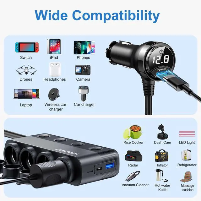 Alt view image 7 of 7 - Cigarette Lighter Splitter Adapter 216W 4 Socket Heavy Duty Truck Car USB Chager Multi Port with PD30W/QC3.0 Charge USB C 12V/24V Independent Switches & Dust Cover & Waterproof for Car Devices