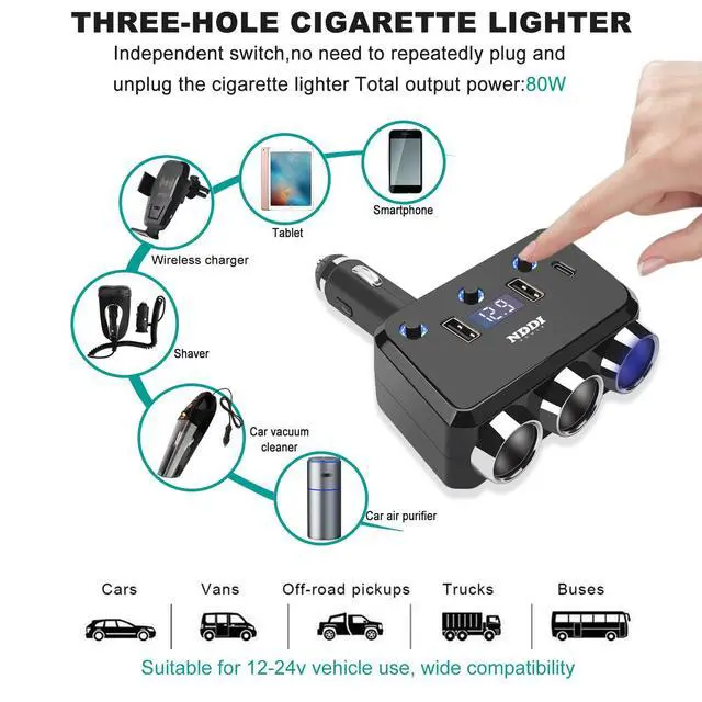 Alt view image 3 of 7 - Cigarette Lighter Splitter, 12V/24V Vehicles Adapter Charger with QC 3.0A Dual USB and PD Type-C, Cigarette Lighter Adapter with LED Voltage Display and Independent Switch