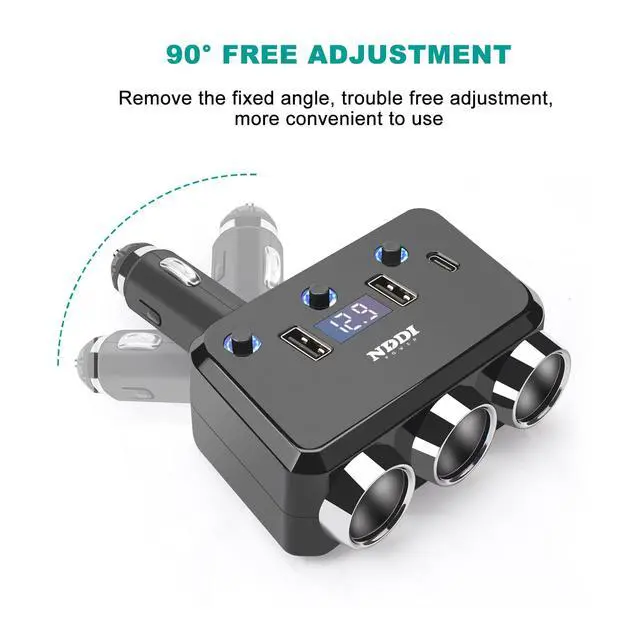 Alt view image 4 of 7 - Cigarette Lighter Splitter, 12V/24V Vehicles Adapter Charger with QC 3.0A Dual USB and PD Type-C, Cigarette Lighter Adapter with LED Voltage Display and Independent Switch