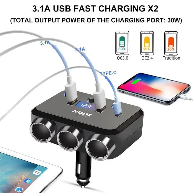 Alt view image 2 of 7 - Cigarette Lighter Splitter, 12V/24V Vehicles Adapter Charger with QC 3.0A Dual USB and PD Type-C, Cigarette Lighter Adapter with LED Voltage Display and Independent Switch