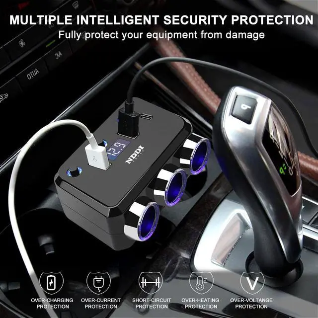 Alt view image 6 of 7 - Cigarette Lighter Splitter, 12V/24V Vehicles Adapter Charger with QC 3.0A Dual USB and PD Type-C, Cigarette Lighter Adapter with LED Voltage Display and Independent Switch