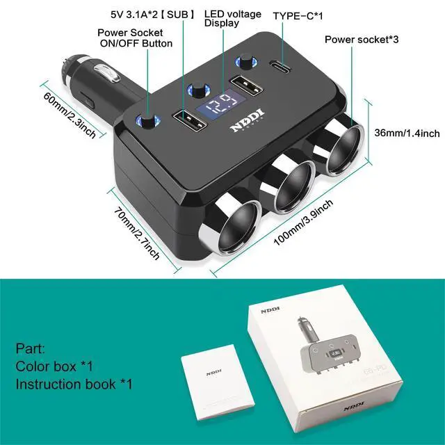 Alt view image 5 of 7 - Cigarette Lighter Splitter, 12V/24V Vehicles Adapter Charger with QC 3.0A Dual USB and PD Type-C, Cigarette Lighter Adapter with LED Voltage Display and Independent Switch