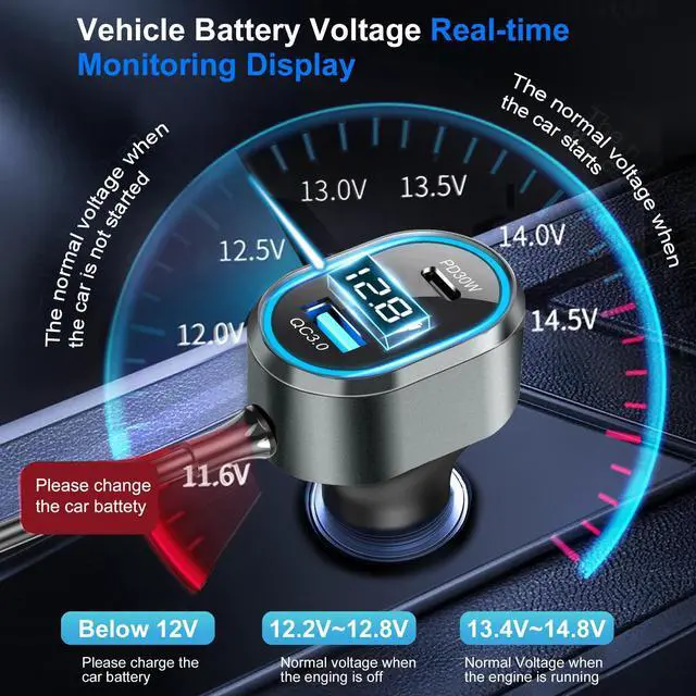 Alt view image 2 of 7 - 8 in 1 Cigarette Lighter Splitter,264W 4 Socket Car Cigarette Lighter Adapter,Type-C QC3.0 PD 30W Charging,Heavy Duty Truck Car USB Chager Multi Plug Outlet 12V/24V Independent Switches,LED Voltmeter