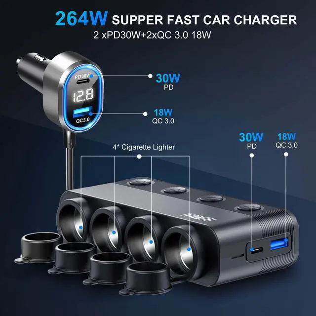 Alt view image 4 of 7 - 8 in 1 Cigarette Lighter Splitter,264W 4 Socket Car Cigarette Lighter Adapter,Type-C QC3.0 PD 30W Charging,Heavy Duty Truck Car USB Chager Multi Plug Outlet 12V/24V Independent Switches,LED Voltmeter
