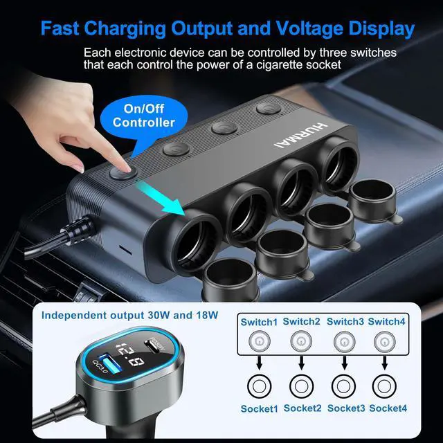 Alt view image 3 of 7 - 8 in 1 Cigarette Lighter Splitter,264W 4 Socket Car Cigarette Lighter Adapter,Type-C QC3.0 PD 30W Charging,Heavy Duty Truck Car USB Chager Multi Plug Outlet 12V/24V Independent Switches,LED Voltmeter