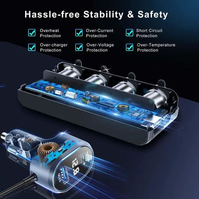 Alt view image 5 of 7 - 8 in 1 Cigarette Lighter Splitter,264W 4 Socket Car Cigarette Lighter Adapter,Type-C QC3.0 PD 30W Charging,Heavy Duty Truck Car USB Chager Multi Plug Outlet 12V/24V Independent Switches,LED Voltmeter