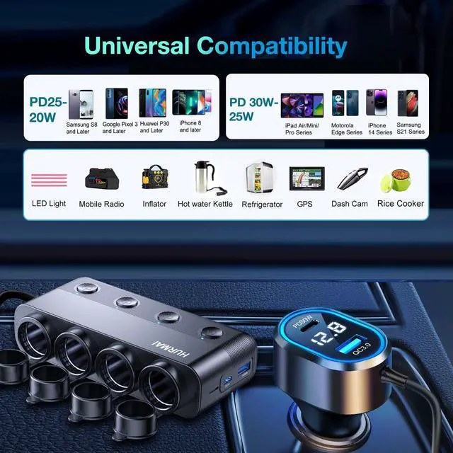 Alt view image 7 of 7 - 8 in 1 Cigarette Lighter Splitter,264W 4 Socket Car Cigarette Lighter Adapter,Type-C QC3.0 PD 30W Charging,Heavy Duty Truck Car USB Chager Multi Plug Outlet 12V/24V Independent Switches,LED Voltmeter