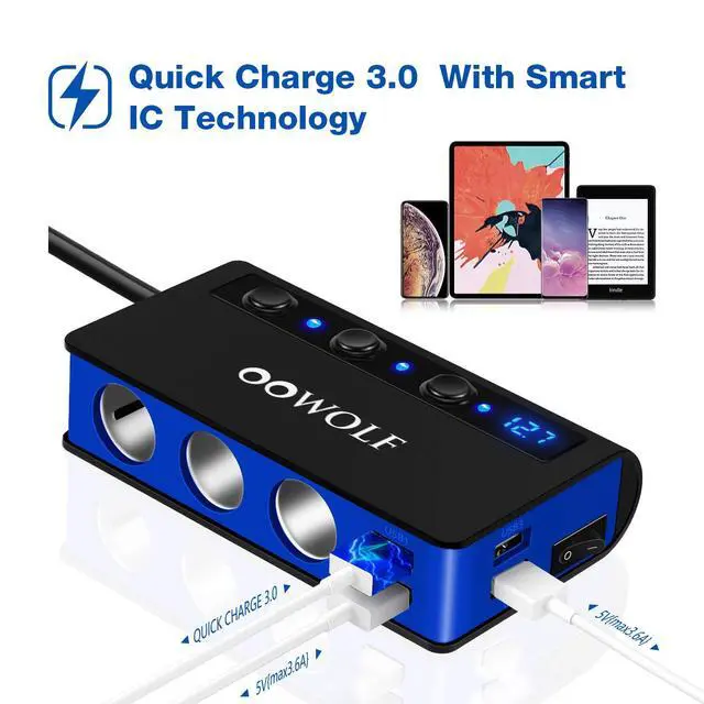 Alt view image 3 of 7 - 7 in 1 180W Quick Charge 3.0 Cigarette Lighter Adapter, with Cigarette Lighter Function, for 12V-24V Car, 3-Socket Splitter, 4 USB Ports Car Power Adapter for GPS, Dash Cam, Phone, Tablet etc