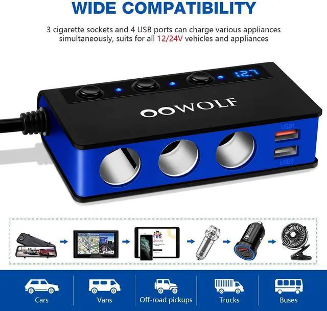 Alt view image 2 of 7 - 7 in 1 180W Quick Charge 3.0 Cigarette Lighter Adapter, with Cigarette Lighter Function, for 12V-24V Car, 3-Socket Splitter, 4 USB Ports Car Power Adapter for GPS, Dash Cam, Phone, Tablet etc