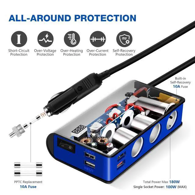 Alt view image 4 of 7 - 7 in 1 180W Quick Charge 3.0 Cigarette Lighter Adapter, with Cigarette Lighter Function, for 12V-24V Car, 3-Socket Splitter, 4 USB Ports Car Power Adapter for GPS, Dash Cam, Phone, Tablet etc