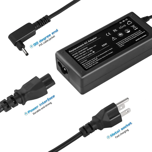 Alt view image 3 of 7 - N15Q8 N15Q9 N16P1 N20C5 65W 19V 3.42A Charger Replacement for Acer Laptop AC Adapter A13-045N2A A11-065N1A Pa-1450-26 Aspire 1 5 R15 Slim A515-54 Chromebook C738T C740 Spin 1 5 Swift 3 Power Cord