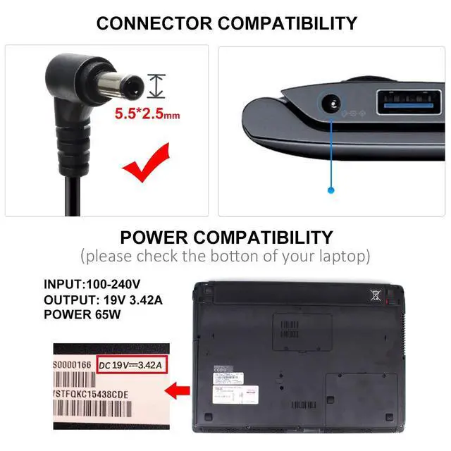 Alt view image 2 of 6 - 65W 19V Compatible with Asus Q551L U56E PA-1650-78 PA-1700-02 ADP-65DW B ADP-45BW B X555L X551M X53U X550C Q551L Q301L K53E K55A S500C S400C A53E R554L TP500L F555L Adapter Power Cord