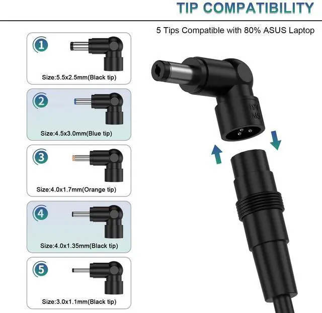 Alt view image 4 of 6 - 65W Laptop Replacement Charger 5 Round Tips Compatible with ASUS VivoBook, ZenBook, Chromebook, TransformerBook, EeeBook 19V 3.42A Universal AC Power Adapter