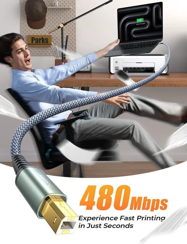 Alt view image 4 of 7 - Printer Cable,Nylon Braided High-Speed USB 2.0 MIDI Cable Printer Cord to Computer,Type C/Grey/6.6FT