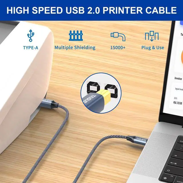 Alt view image 2 of 7 - USB Printer Cable 30ft, Type A to B, High Speed Cord Compatible for Keyboard, MacBook, Printers and Scanners - Gray
