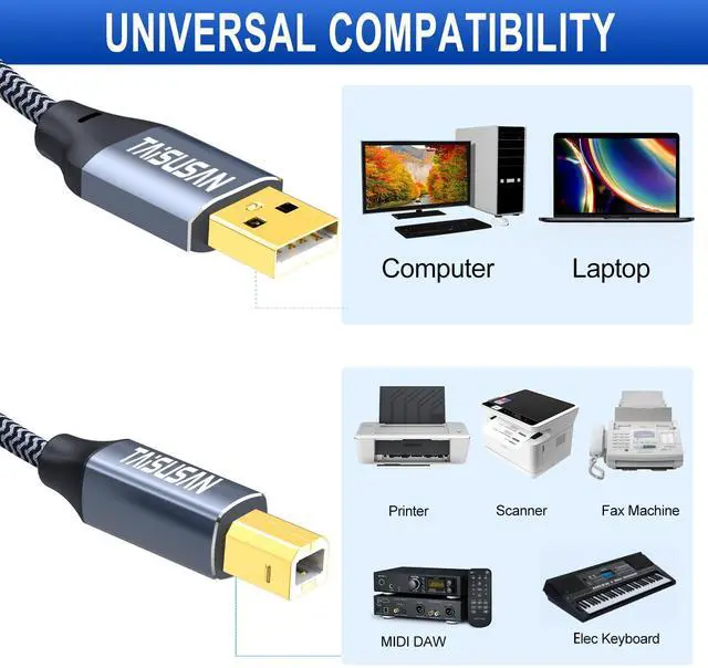 Alt view image 3 of 7 - USB Printer Cable 30ft, Type A to B, High Speed Cord Compatible for Keyboard, MacBook, Printers and Scanners - Gray