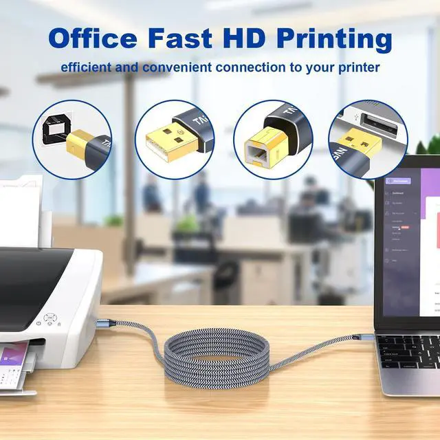 Alt view image 4 of 7 - USB Printer Cable 30ft, Type A to B, High Speed Cord Compatible for Keyboard, MacBook, Printers and Scanners - Gray