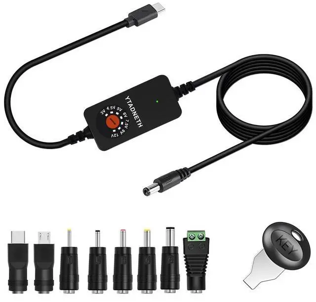 Main image of Universal USB-C to 3V 4.5V 5V 6V 7.5V 9V 12V Multi-Voltage Adapter DC CablePD Trigger Cable with DC-DC Step Down Module, 8 Connector Tips, for Tablets, Led Light, Lamps, Routers