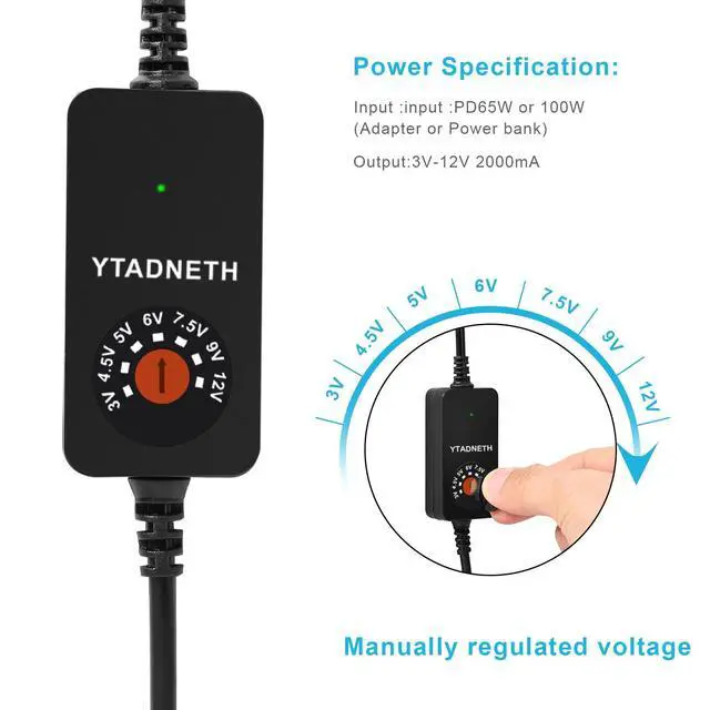 Alt view image 2 of 7 - Universal USB-C to 3V 4.5V 5V 6V 7.5V 9V 12V Multi-Voltage Adapter DC CablePD Trigger Cable with DC-DC Step Down Module, 8 Connector Tips, for Tablets, Led Light, Lamps, Routers