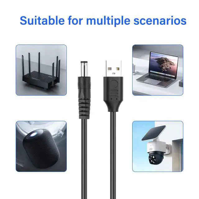 Alt view image 5 of 6 - USB to DC 5.5x2.5mm Power Cord 5V 3A 10FT, 2Pcs 5.5mm Barrel Jack Charging Cable for Laptops/Security Systems/LED Strips/Routers