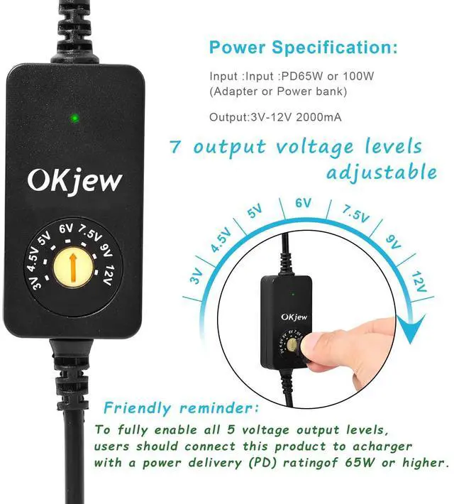 Alt view image 4 of 7 - 3.94FT USB C to DC PD Adapter Cable with 7 Connector Tips, Adjustable Voltage 3V/4.5V/5V/6V/7.5V/9V/12V, Type-C to DC Power Cable for Fast Charging, Compact & Portable Design