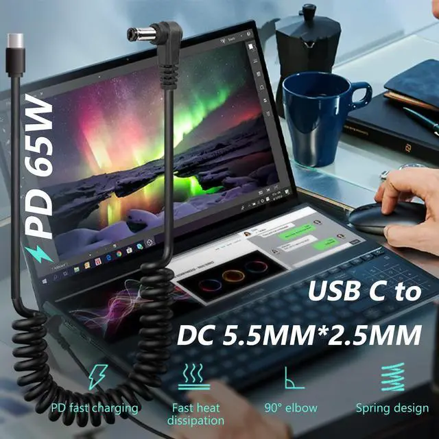 Alt view image 2 of 7 - 90 Degree Type C to DC Charging Cable, Type C USB C Male to DC 5.5X2.5mm Male Power Jack Notebook Charging Cable Coiled Spring Charging Cord, 12V 5A
