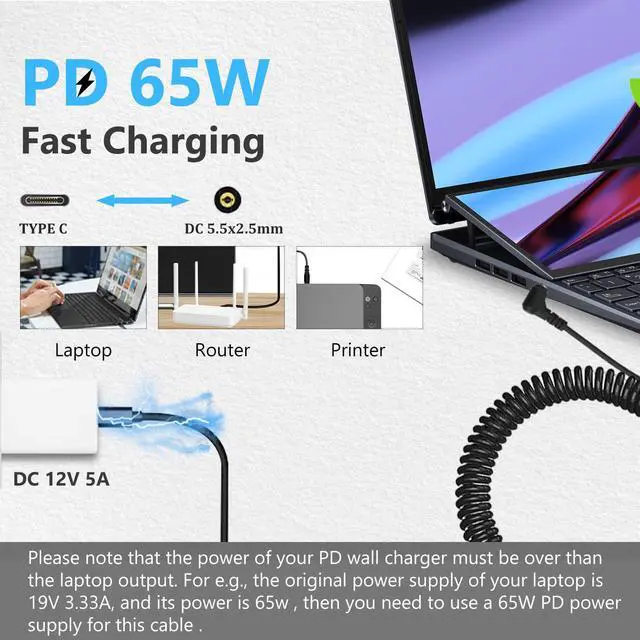Alt view image 3 of 7 - 90 Degree Type C to DC Charging Cable, Type C USB C Male to DC 5.5X2.5mm Male Power Jack Notebook Charging Cable Coiled Spring Charging Cord, 12V 5A
