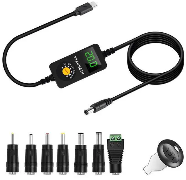 Main image of Universal USB C to DC Adapter, Barrel PD Trigger Cable, USB-C to DC 5V 9V 12V 15V 20V Adapter Cable with LED Display, for Netbook, Tablets, Led Light, Lamps, Routers