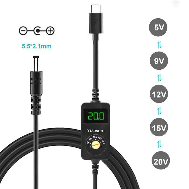 Alt view image 4 of 7 - Universal USB C to DC Adapter, Barrel PD Trigger Cable, USB-C to DC 5V 9V 12V 15V 20V Adapter Cable with LED Display, for Netbook, Tablets, Led Light, Lamps, Routers