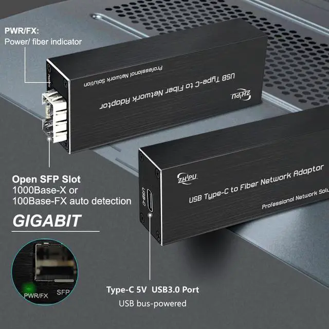 Alt view image 2 of 7 - USB C to Fiber Network Adaptor,USB3.0 Type C 5V to 100/1000base-X SFP Gigabit Network Card,Supported for Windows and Linux