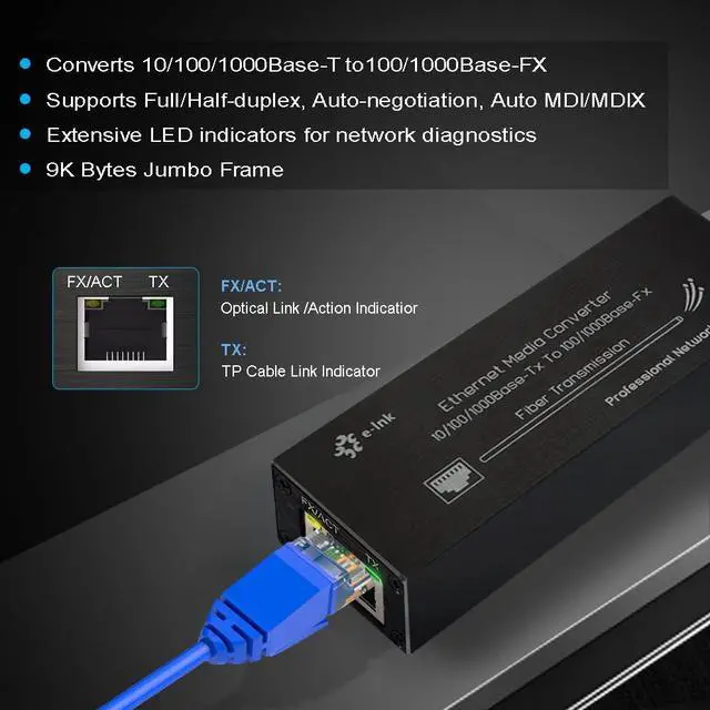 Alt view image 3 of 7 - Elenzk Micro Gigabit Fiber Media Converter, 10/100/1000Mbps Ethernet to SFP, 1310nm SM 20km, DC 5V USB-C Powered, Ultra Compact